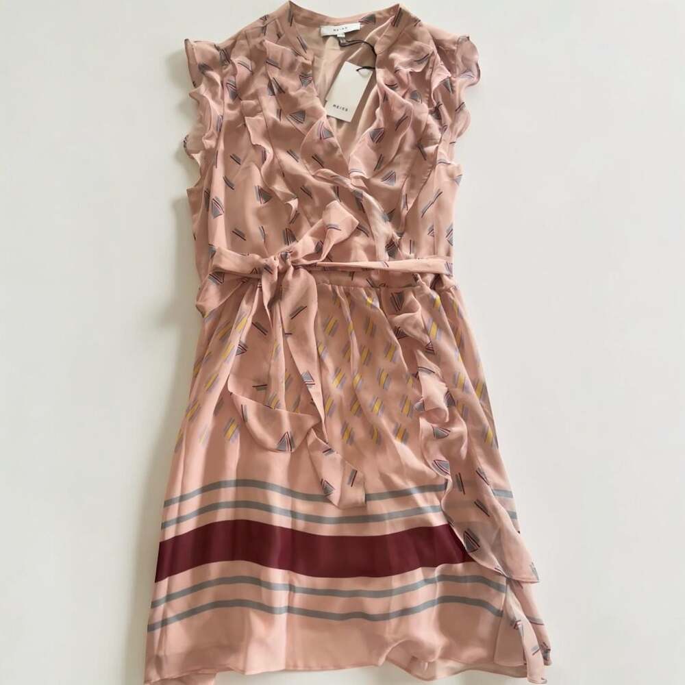 NWT Reiss Stephanie Printed Belted Ruffle Mini Dress in Pink Design Size 10